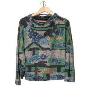Buykud fish print green dolman sleeve blouse Size XXL turtleneck pull on fashion